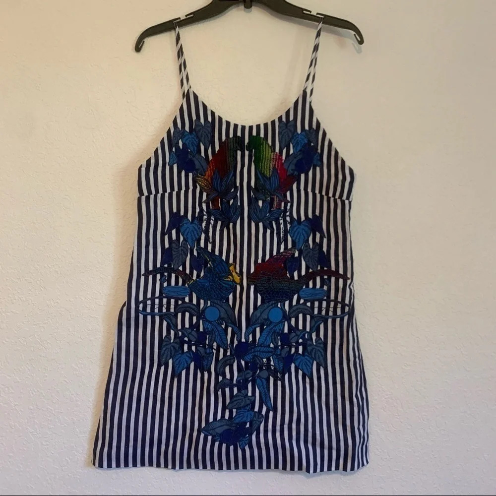 FARM Rio Striped Mini Dress Embroidered Birds Toucan Linen Cover Up Resortwear